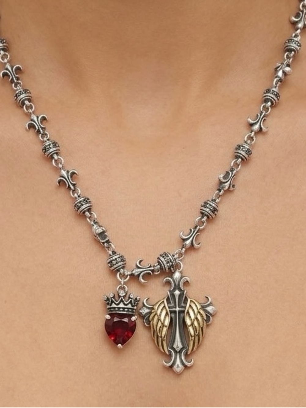Sterling Silver Winged Cross Pendant Necklace with Red Heart Charm